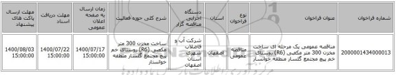 مناقصه عمومی یک مرحله ای ساخت مخزن 300 متر مکعبی (R6) روستای خم پیچ مجتمع گلسار منطقه خوانسار