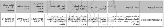مناقصه عمومی یک مرحله ای تکمیل بهسازی آسفالت راه روستایی سولغه شهرستان مهاباد
