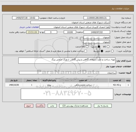 استعلام تهیه ،ساخت و نصب تابلوهای آگاهی و پیش آگاهی شهرک صنعتی بزرگ  