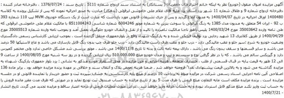 آگهی مزایده یک دستگاه خودروی MVM تیپ 110