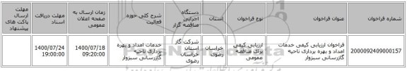 فراخوان ارزیابی کیفی خدمات امداد و بهره برداری ناحیه گازرسانی سبزوار