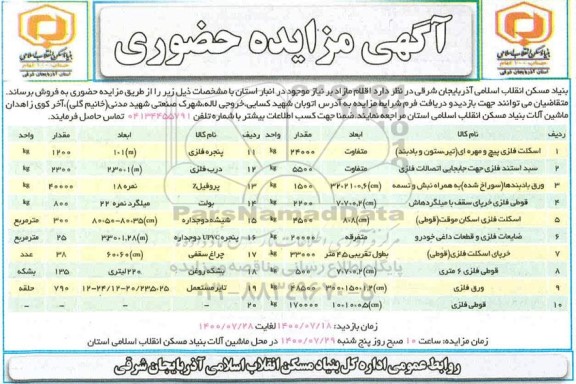 مزایده حضوری اقلام مازاد بر نیاز 