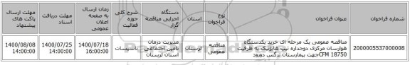 مناقصه عمومی یک مرحله ای خرید یکدستگاه هوارسان مرکزی دوجداره تیپ هایژنیک به ظرفیت CFM 18750جهت بیمارستان نرگس دورود