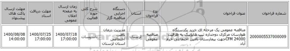 مناقصه عمومی یک مرحله ای خرید یکدستگاه هوارسان مرکزی دوجداره تیپ هایژنیک به ظرفیت CFM 24000جهت بیمارستان تامین اجتماعی خرم آباد