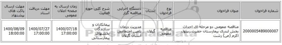 مناقصه عمومی دو مرحله ای احداث بخش لندری بیمارستان حضرت رسول اکرم (ص) رشت 