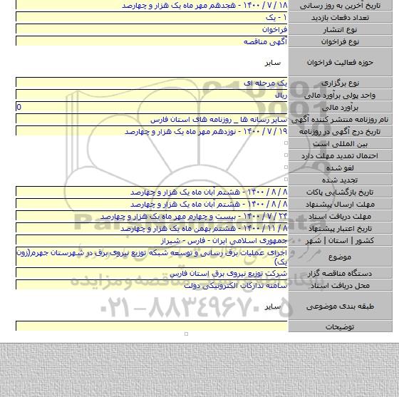اجرای عملیات برق رسانی و توسعه شبکه توزیع نیروی برق در شهرستان جهرم(زون یک)