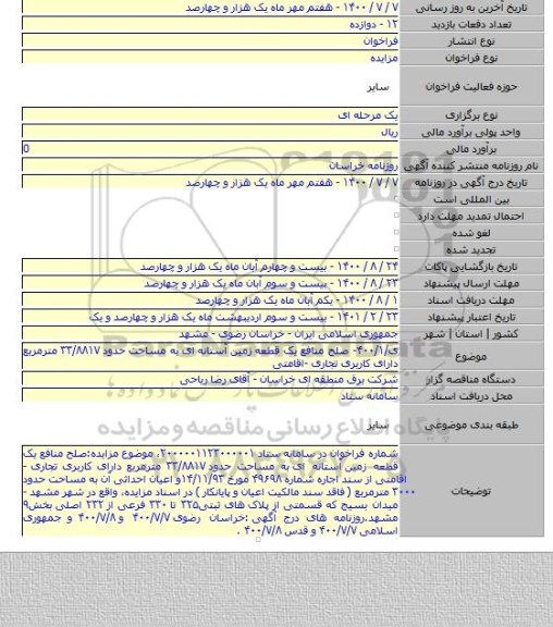 ی/۴۰۰/۱- صلح منافع یک قطعه زمین آستانه ای به مساحت حدود ۳۳/۸۸۱۷ مترمربع دارای کاربری تجاری -اقامتی