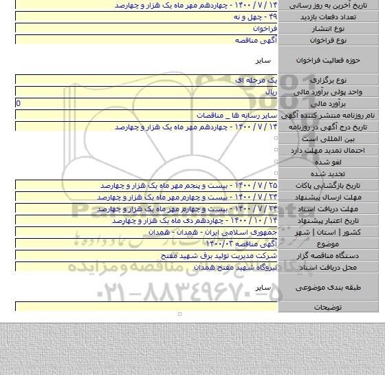 آگهی مناقصه ۱۴۰۰/۰۳