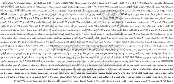 آگهی مزایده ششدانگ پلاک ثبتی به شماره ۲۰۴ فرعی از ۲۹ اصلی مفروز و مجزا شده