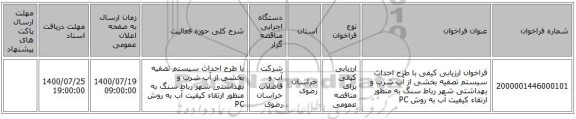 فراخوان ارزیابی کیفی با طرح احداث سیستم تصفیه بخشی از آب شرب و بهداشتی شهر رباط سنگ به منظور ارتقاء کیفیت آب به روش PC  