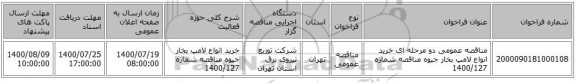 مناقصه عمومی دو مرحله ای خرید انواع لامپ بخار جیوه مناقصه شماره 1400/127