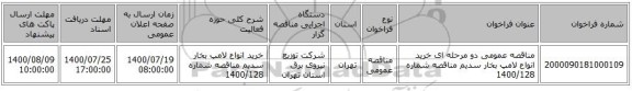مناقصه عمومی دو مرحله ای خرید انواع لامپ بخار سدیم مناقصه شماره 1400/128