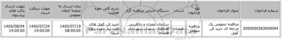 مناقصه عمومی یک مرحله ای خرید فن کویل 