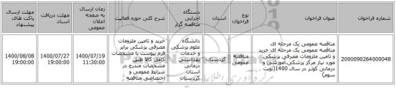 مناقصه عمومی یک مرحله ای مناقصه عمومی یک مرحله ای خرید و تامین ملزومات مصرفی پزشکی مورد نیاز مرکز پزشکی،آموزشی و درمانی کوثـر در سال 1400(نوبت سوم)