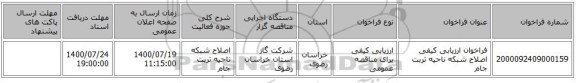 فراخوان ارزیابی کیفی اصلاح شبکه ناحیه تربت جام