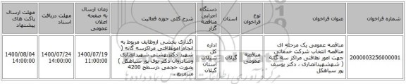 مناقصه عمومی یک مرحله ای مناقصه انتخاب شرکت خدماتی جهت امور نظافتی مراکز سه گانه ( شهشهیدانصاری ، دکتر یوسف پور سیاهکل 