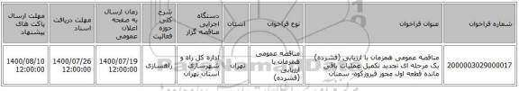 مناقصه عمومی همزمان با ارزیابی (فشرده) یک مرحله ای تجدید تکمیل عملیات باقی مانده قطعه اول محور فیروزکوه- سمنان 
