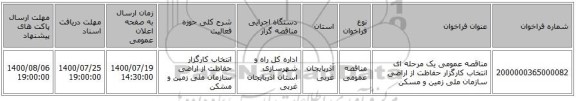 مناقصه عمومی یک مرحله ای انتخاب کارگزار حفاظت از اراضی سازمان ملی زمین و مسکن