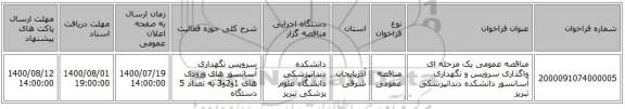 مناقصه عمومی یک مرحله ای واگذاری سرویس و نگهداری آسانسور دانشکده دندانپزشکی تبریز