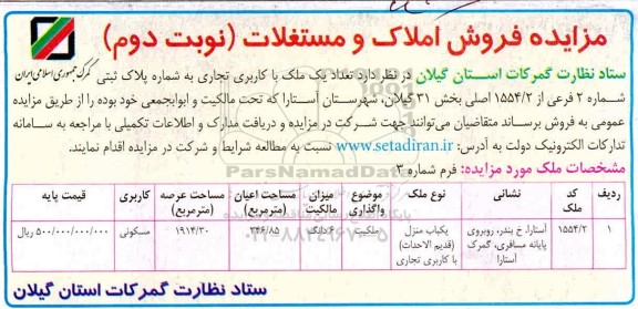 مزایده مزایده فروش املاک و مستغلات نوبت دوم 