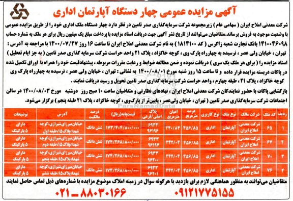 مزایده،مزایده فروش چهار دستگاه آپارتمان اداری 