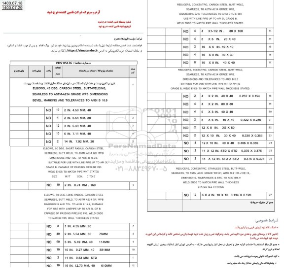 استعلام، استعلام خرید و تامین بیست و هفت آیتم اتصالات در سایزهای مختلف