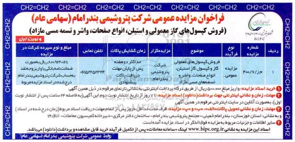 مزایده، مزایده فروش کپسول های گاز معمولی و استیلن، انواع صفحات، واشر و تسمه مسی مازاد 