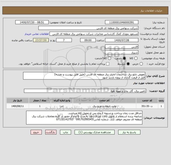 استعلام تعویض تابلو برق ساختمان اداری برق منطقه ای فارس (طبق فایل پیوست و نقشه)
قبل از قیمت گذاری از پروژه بازدید شود