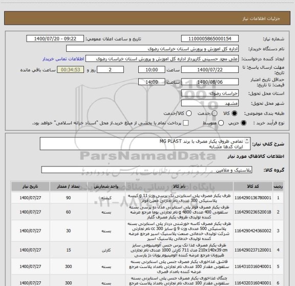 استعلام تمامی ظروف یکبار مصرف با برند MG PLAST
ایران کدها مشابه
مطابق عکس پیوستی به غیر ترتیب اثر داده نخواهد شد