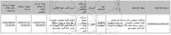 مناقصه عمومی یک مرحله ای انجام کلیه عملیات تعمیرات ، نوسازی و بهینه سازی شبکه های  20 کیلوولت به روش خط گرم- مهرشهر
