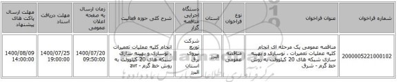مناقصه عمومی یک مرحله ای انجام کلیه عملیات تعمیرات ، نوسازی و بهینه سازی شبکه های  20 کیلوولت به روش خط گرم - شرق