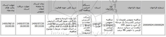 مناقصه عمومی همزمان با ارزیابی (فشرده) یک مرحله ای خرید و تحویل 100 (یکصد) تن سیانید سدیم قرصی با خلوص 98 درصد
