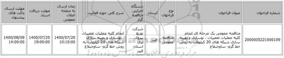 مناقصه عمومی یک مرحله ای انجام کلیه عملیات تعمیرات ، نوسازی و بهینه سازی شبکه های  20 کیلوولت به روش خط گرم- ساوجبلاغ
