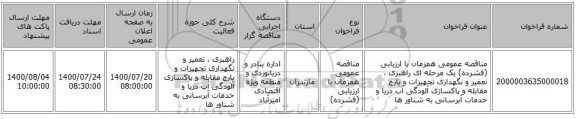 مناقصه عمومی همزمان با ارزیابی (فشرده) یک مرحله ای راهبری ، تعمیر و نگهداری تجهیزات و بارج مقابله و پاکسازی آلودگی آب دریا و خدمات آبرسانی به شناور ها 