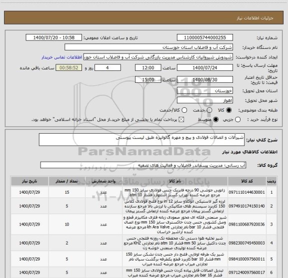 استعلام شیرآلات و اتصالات فولادی و پیچ و مهره گالوانیزه طبق لیست پیوستی