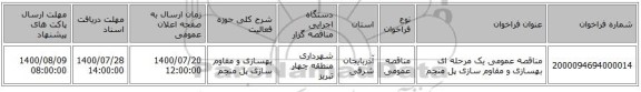 مناقصه عمومی یک مرحله ای بهسازی و مقاوم سازی پل منجم