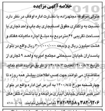 مزایده، مزایده واگذاری حقوق استیجاری یک باب واحد تجاری 