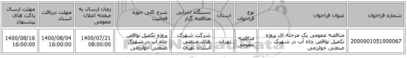 مناقصه عمومی یک مرحله ای پروژه تکمیل نواقص چاه آب در شهرک صنعتی خوارزمی  