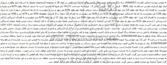 آگهی مزایده ششدانگ یک دستگاه آپارتمان مسکونی در بلوک 18
