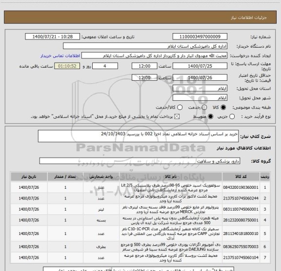 استعلام خرید بر اساس اسناد خزانه اسلامی نماد اخزا 002 با یررسید 24/10/1403