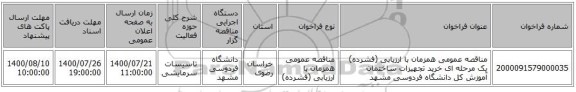 مناقصه عمومی همزمان با ارزیابی (فشرده) یک مرحله ای خرید تجهیزات ساختمان آموزش کل دانشگاه فردوسی مشهد