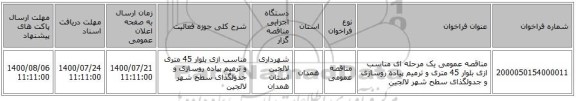 مناقصه عمومی یک مرحله ای مناسب ازی بلوار 45 متری و ترمیم پیاده روسازی و جدولگذای سطح شهر لالجین