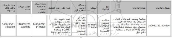 مناقصه عمومی همزمان با ارزیابی (فشرده) یک مرحله ای خرید ، نصب ، راه اندازی ، نگهداری ، پشتیبانی یک دستگاه تابلوی پیام متغیر (VMS) و ارتباط با سامانه جامع تابل
