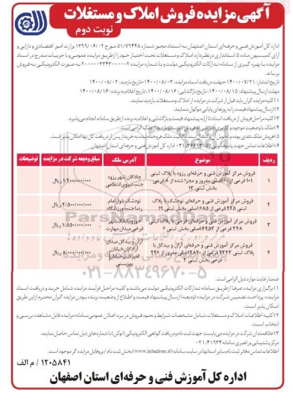 مزایده فروش املاک و مستغلات به پلاک ثبتی 101 فرعی از 60 اصلی