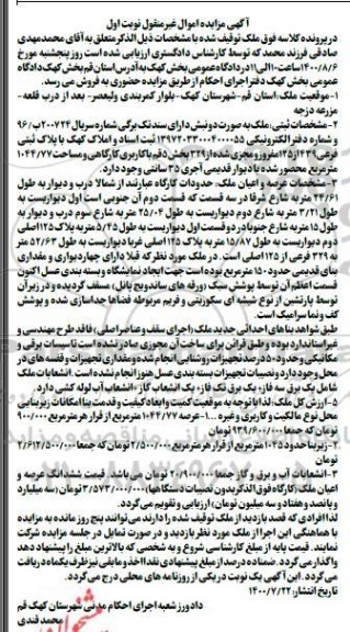 مزایده ملک به پلاک ثبتی 439 از 125 مفروز