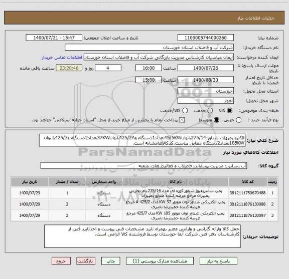 استعلام الکترو پمپهای شناور؛275/14باتوان45/5KWتعداد1دستگاه و425/2Aباتوان37KWتعداد2دستگاه و425/7با توان 185KWتعداد2دستگاه مطابق پیوست.کدکالاهامشابه است.