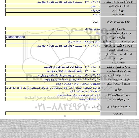 مزایده عمومی تعداد ۹ باب خانه سازمانی با کاربری مسکونی و یک واحد تجاری در شهر ملایر، در مالکیت اداره