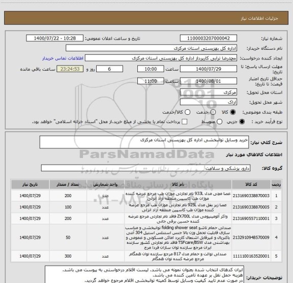 استعلام خرید وسایل توانبخشی اداره کل بهزیستی استان مرکزی
