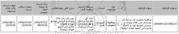 مناقصه عمومی یک مرحله ای بهسازی رمپ های ورودی و خروجی مجتمع ایوب و کامران عالیشانی (محور مهاباد-ارومیه)   ‏‏‏‏