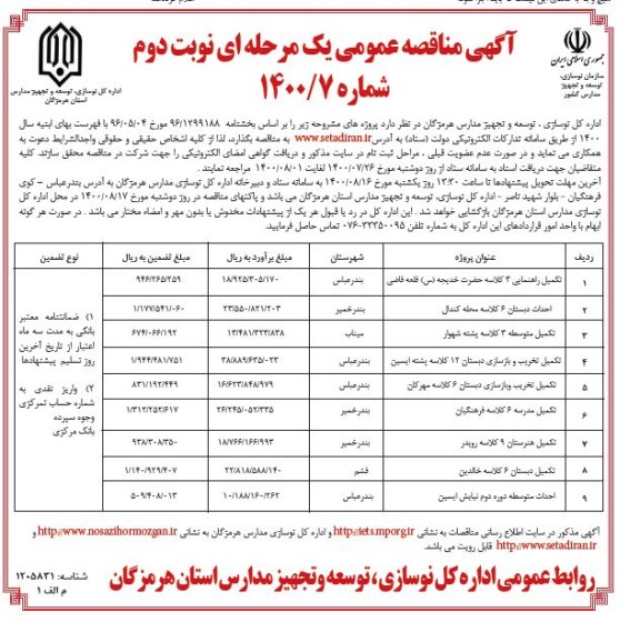مناقصه، مناقصه عمومی تکمیل راهنمای.. - نوبت دوم 